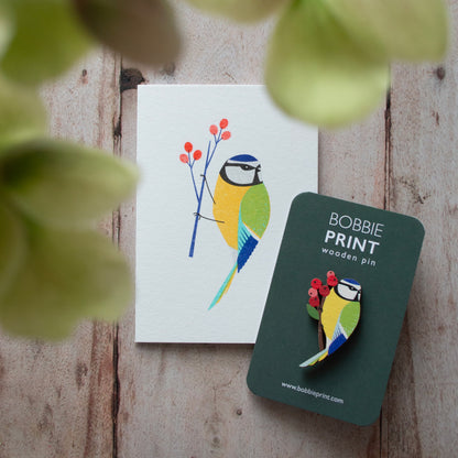Blue Tit Pin Badge & Card Set