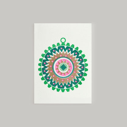 A Scandi style mini Christmas greeting card featuring a geometric pattern with bright pink and metallic gold inks, and a small Christmas tree ornament design in the center. The card has a white background and a contrasting envelope.